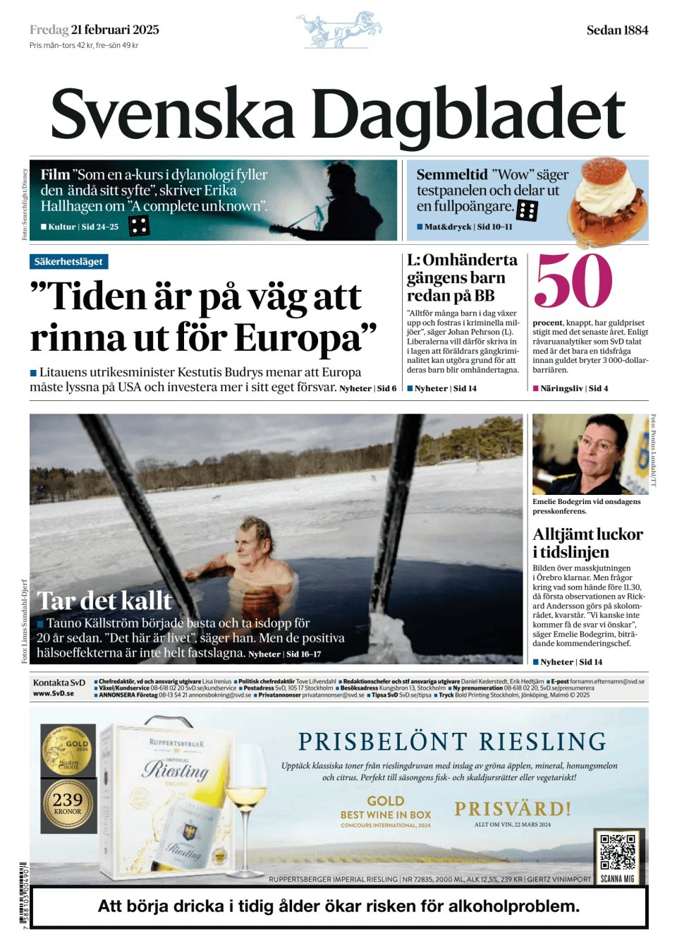 Prima-pagina-Svenska Dagbladet-edizione-di-oggi-20250221